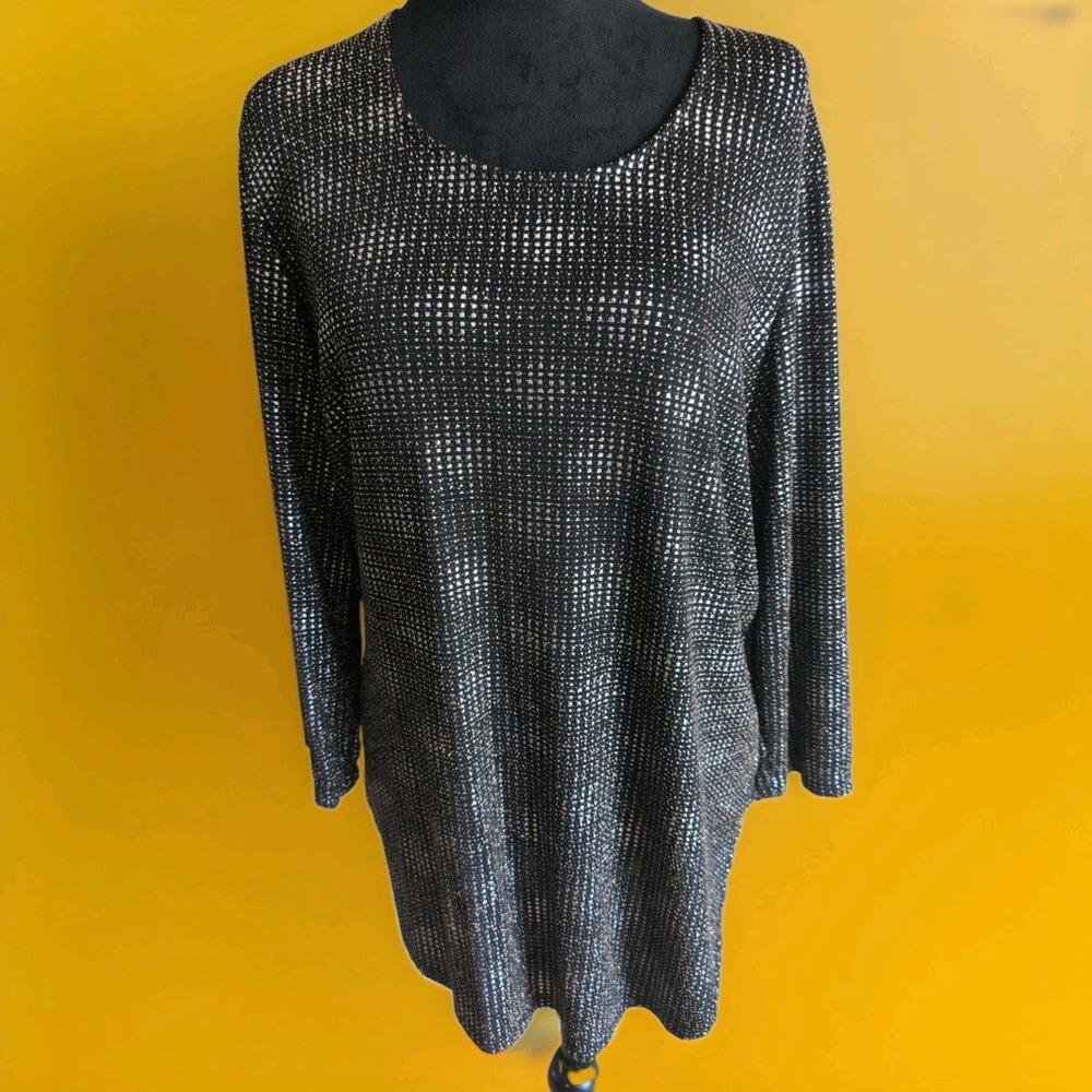 Soft Works Silver & Gold Metallic Pullover Top Stretch 3/4 LengthSleeve Sz L EUC